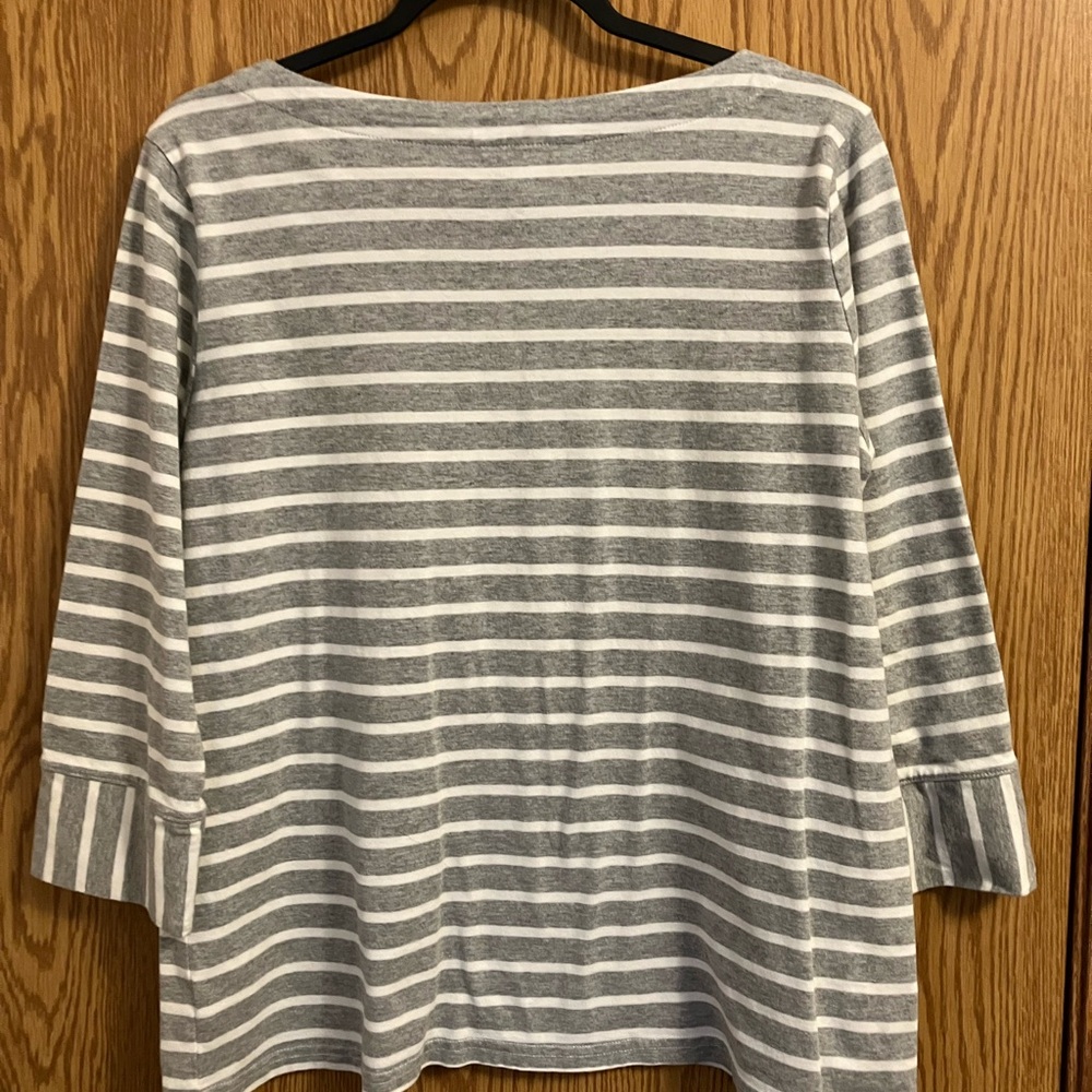 Liz Claiborne Gray and White Striped 3/4 length sleeve Gold Button Accents - Picture 3 of 5